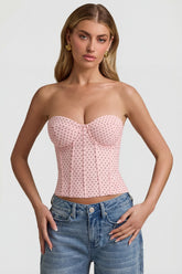 Lace-Up Strapless Corset Top in Pink Polka Dot