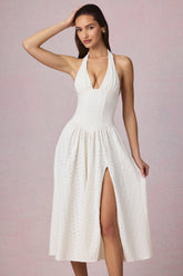 Modal Broderie Anglaise Halterneck Midaxi Dress in White