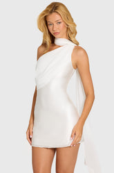 Satin Scarf-Detail Mini Dress in Pearl