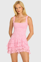 Sequin Lace Ruffle Mini Dress in Blossom