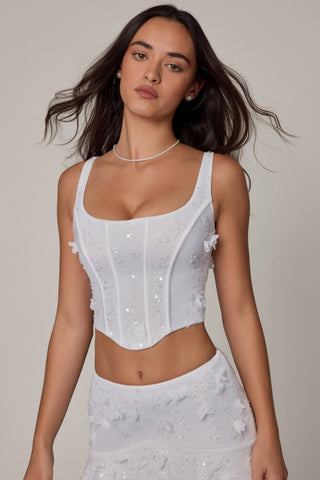 Embellished Lace-Up Corset Top in White
