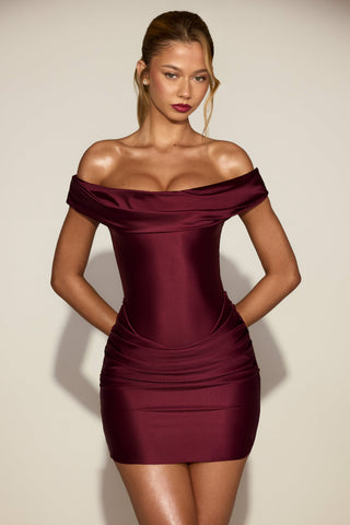 Satin Off-Shoulder Draped Mini Dress in Wine Red