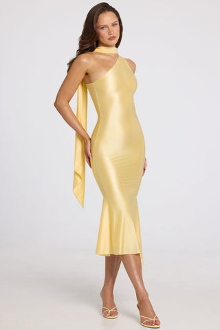 Asymmetric Scarf-Detail Midaxi Dress in Butter Yellow