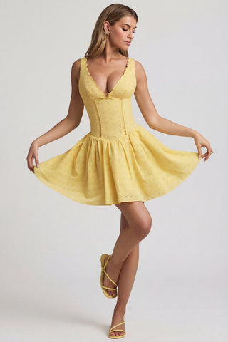 Broderie Anglaise Bow-Detail A-Line Mini Dress in Pastel Yellow
