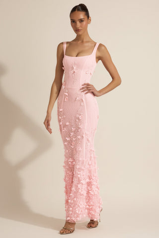 Embellished Appliqué Soft-Scoop Corset Gown in Pink