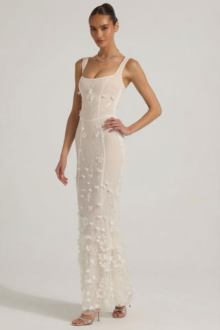Embellished Appliqué Soft-Scoop Corset Gown in White