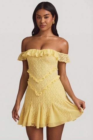 Off-Shoulder Lace A-Line Mini Dress in Pastel Yellow