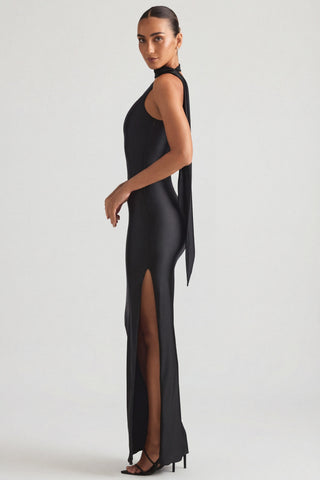 Asymmetric Scarf-Detail Maxi Dress in Black