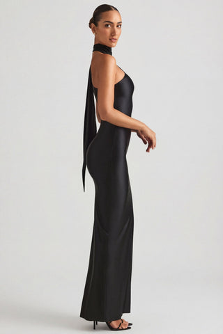 Asymmetric Scarf-Detail Maxi Dress in Black