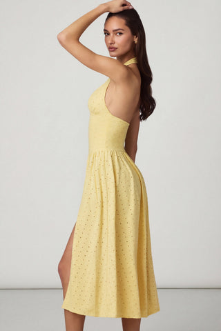 Modal Broderie Anglaise Halterneck Midaxi Dress in Lemon Yellow