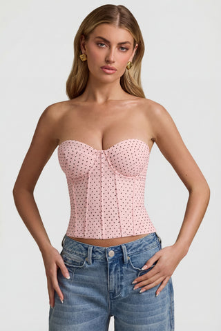 Lace-Up Strapless Corset Top in Pink Polka Dot