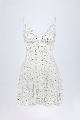 Embellished Ruffled Tiered Mini Dress in White