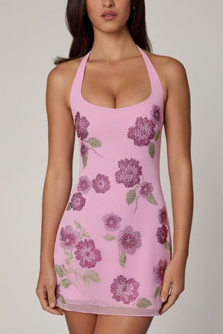 Embellished Halterneck Mini Dress in Soft Pink