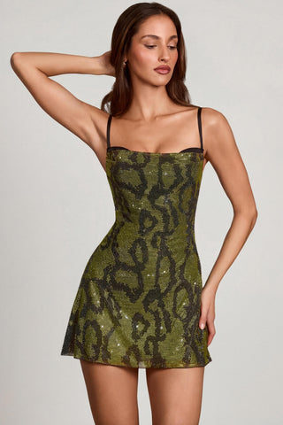 Embellished Cowl Neck A-line Mini Dress in Green Snake
