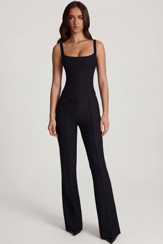 Scoop-Neck Corset Flared Leg Jumpsuit in Black