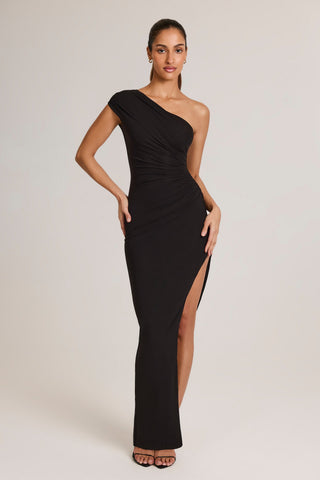 Modal Asymmetric Ruched Maxi Dress in Black