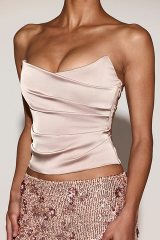 Satin Draped Lace-Up Corset Top in Gold