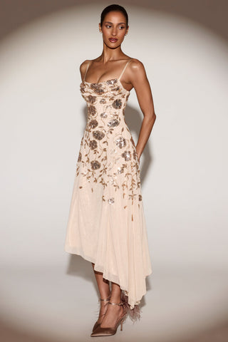 Embellished Soft-Scoop Asymmetric Midaxi Dress in Gold