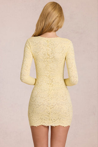 Scalloped-Lace Long-Sleeve Mini Dress in Lemon Yellow