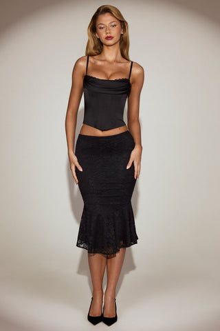 Satin Cowl-Neck Lace-Up Corset Top in Black