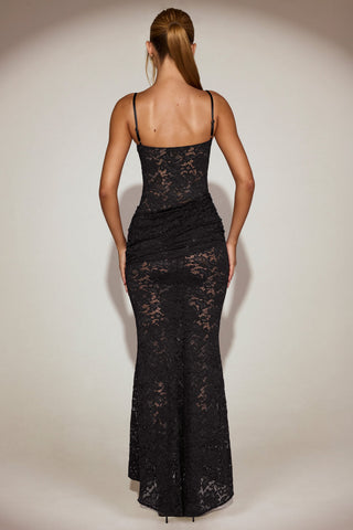 Sheer Lace Square-Neck Ruched Gown in Black