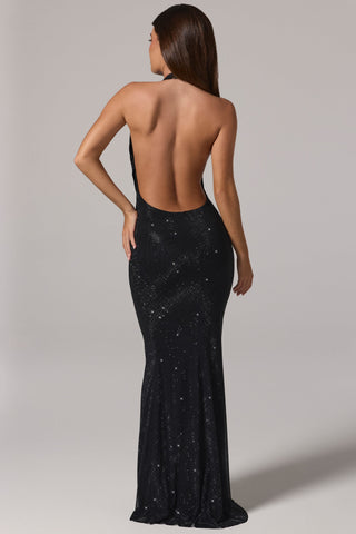 Embellished Cowl-Neck Backless Gown in Black