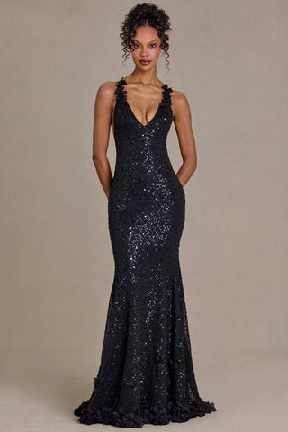 Embellished Plunge Open-Back Gown in Black