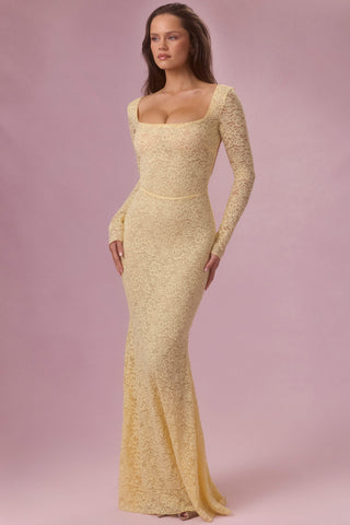 Lace Long-Sleeve Maxi Dress in Butter