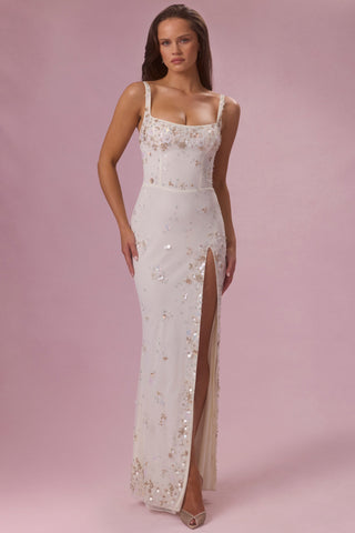 Embellished Corset Maxi Dress in Pearl