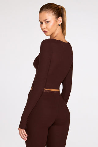 Ribbed Modal Long-Sleeve Laced Bra Top in Chocolate Brown
