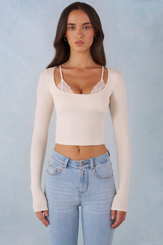 Ribbed Modal Long-Sleeve Laced Bra Top in Ivory