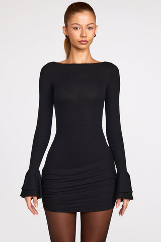 Ribbed Modal Long-Sleeve Draped Mini Dress in Black