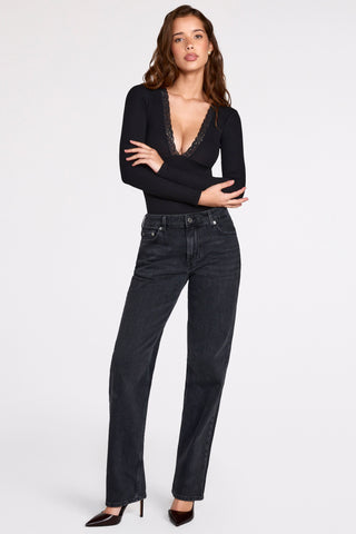 Ribbed Modal Long-Sleeve Plunge Bodysuit in Black
