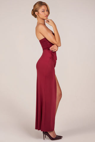 Bandeau Draped Thigh-High Maxi Dress in Wine