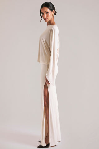 Long-Sleeve Draped Maxi Dress in Vanilla
