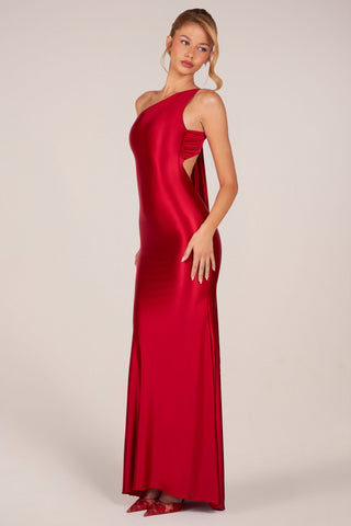 Asymmetric Tie-Back Gown in Cherry