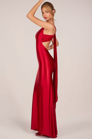 Asymmetric Tie-Back Gown in Cherry