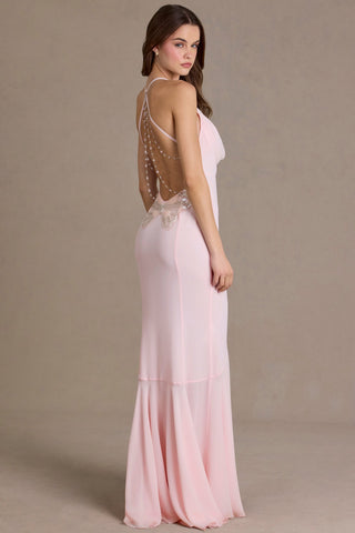 Chiffon Cowl-Neck Open-Back Gown in Baby Pink