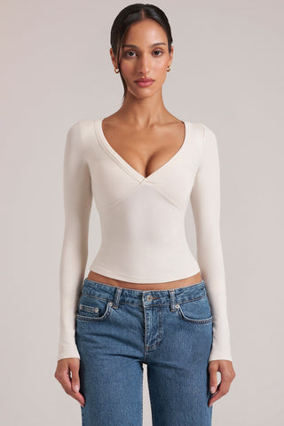V-Neck Long-Sleeve Top  in Vanilla