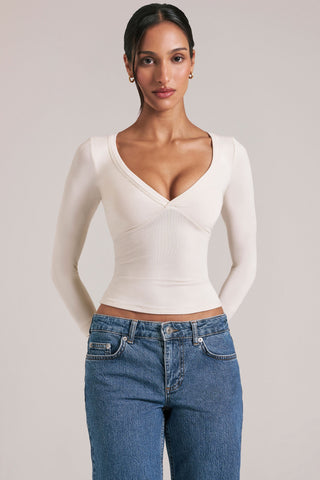 V-Neck Long-Sleeve Top  in Vanilla