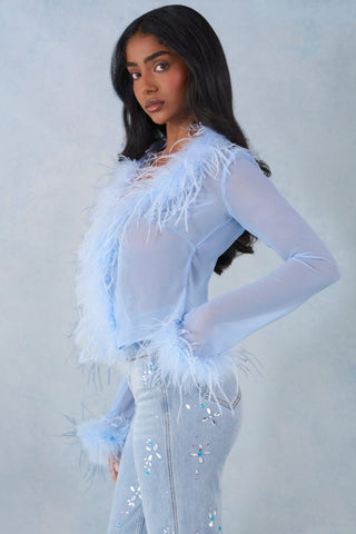 Feather Trim Sheer Top in Soft Blue