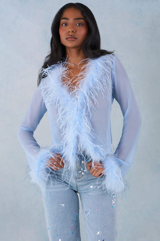 Feather Trim Sheer Top in Soft Blue