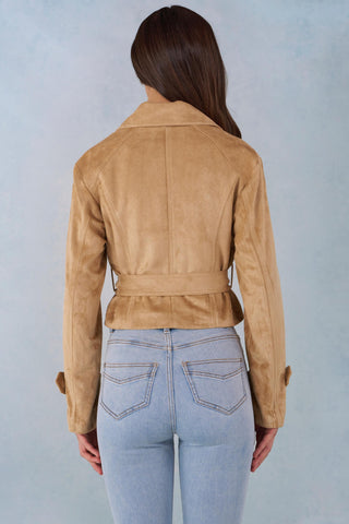 Faux Suede Cropped Belted Jacket in Tan