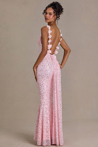 Embellished Open-Back Maxi Dress in Baby Pink