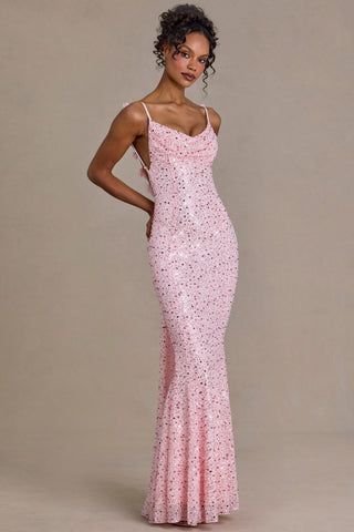 Embellished Open-Back Maxi Dress in Baby Pink