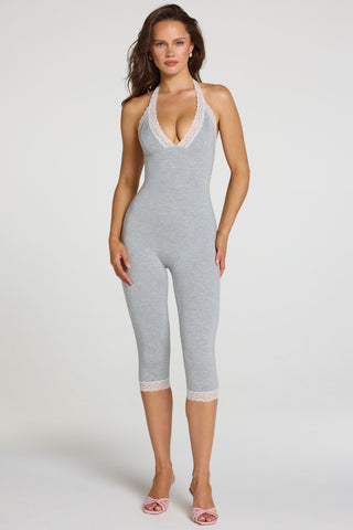 Modal Lace-Trim Capri Jumpsuit in Grey Marl