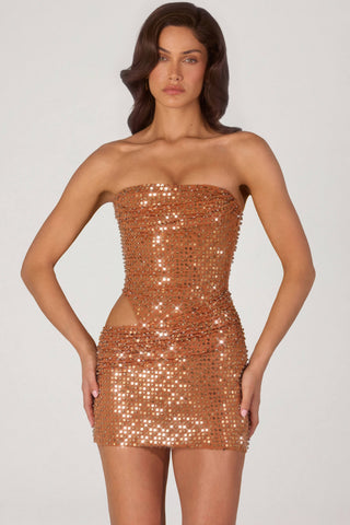 Embellished Cut-Out Mini Dress in Bronze