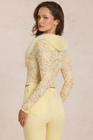 Lace Faux-Fur-Trim Cardigan in Lemon Yellow