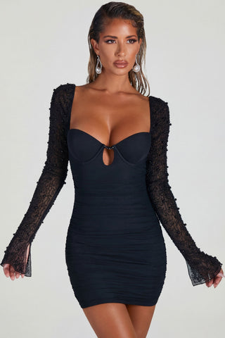 Embellished Long Sleeve Mini Dress in Black