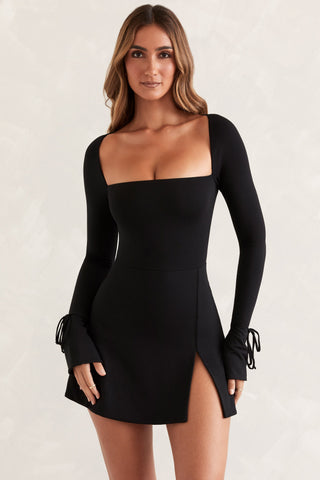 Square Neck Long Sleeve Mini Dress in Black